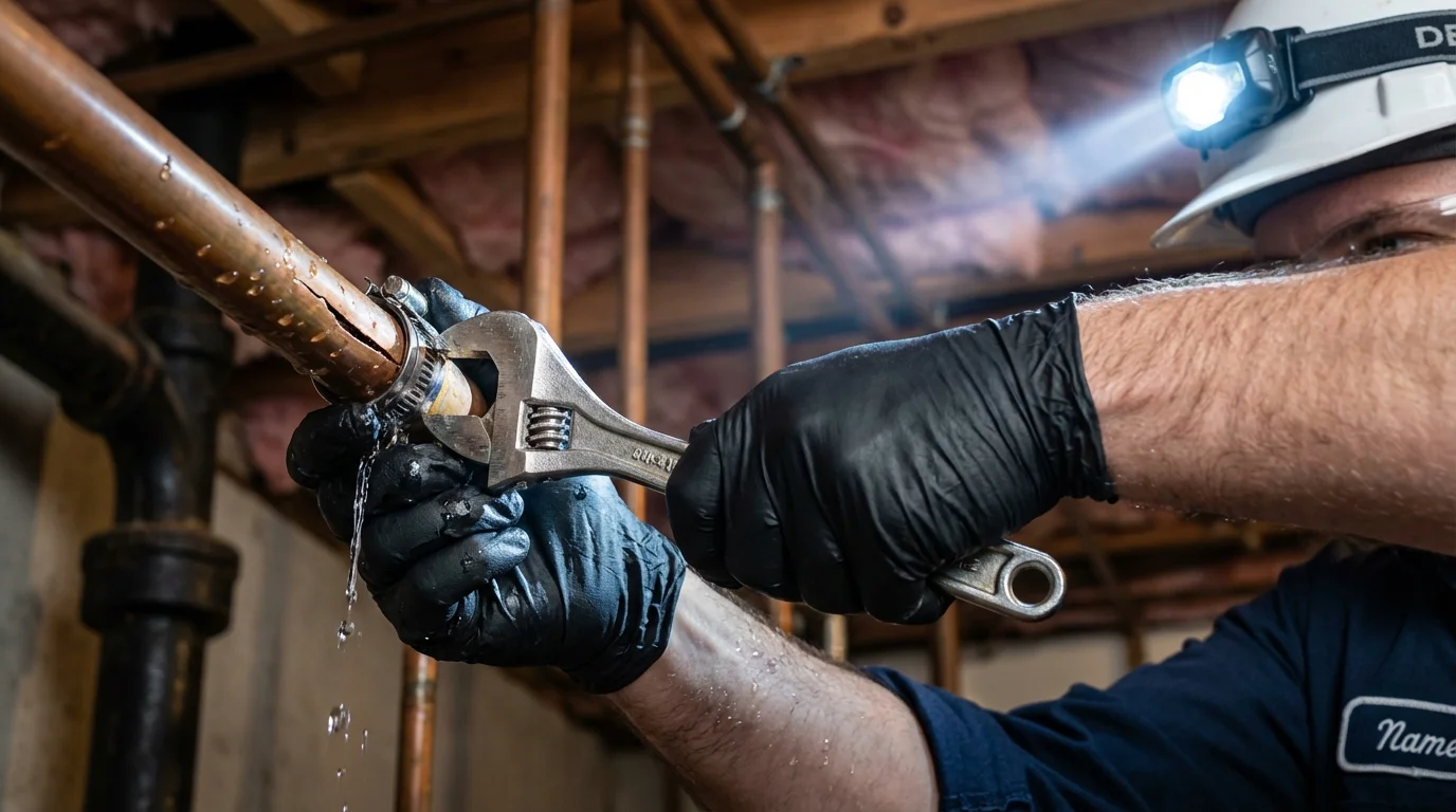 Emergency pipe clamp repair being performed by a Johns Plumbing LLC plumber in Mount Jackson