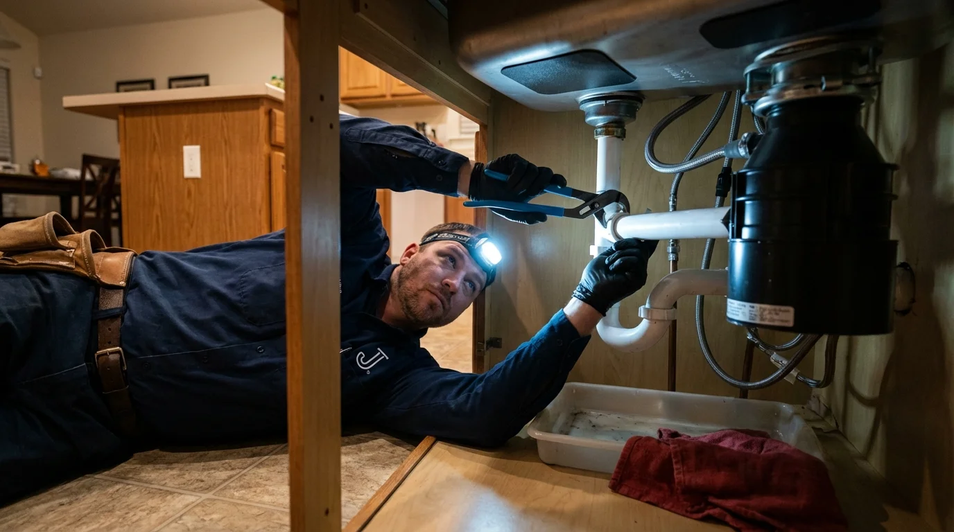 P-trap and supply line connections under a kitchen sink showing a common leak point in Mount Jackson, VA